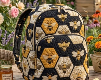 Honey Bee Hexagon Quilted Backpack, Embroidery Backpack, Back To School, Gift Student And Family.