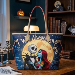 May include: A tote bag featuring a graphic of Jack Skellington and Sally from The Nightmare Before Christmas against a large yellow moon. The text I WILL ALWAYS LOVE YOU is printed in a stylized font. The bag has beige handles and trim.