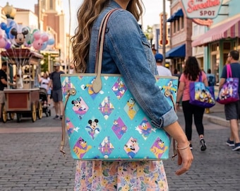 Personalized Mickey & Friends Leather Bag: Vintage Style Design plaid, Disney Inspired Handbag with, Gift for Disney Lovers.