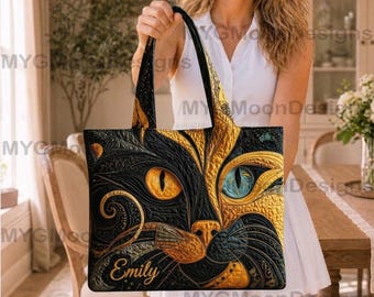 Personalized  Cat Black Quilted Tote Bag, Custom Name Embroidered Handbag, Artistic Black & Gold Cat Lover Gift, Unique Large Shoulder Bag.