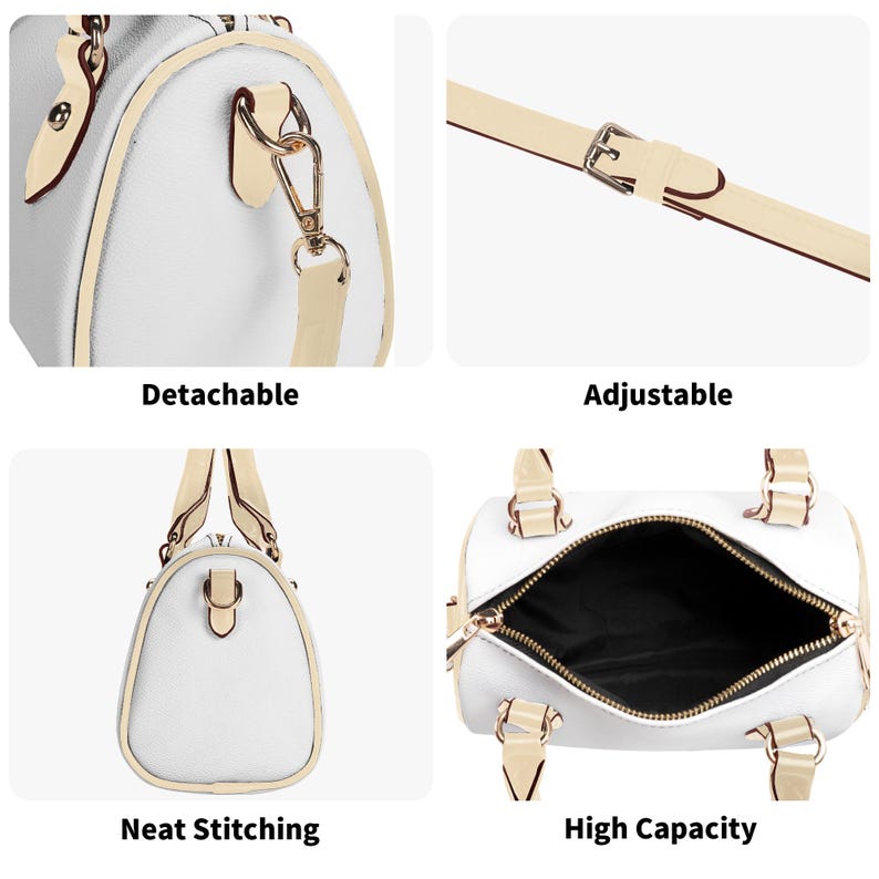 May include: White and beige handbag with a cylindrical shape. Features include a detachable strap, adjustable length, neat stitching, and high capacity. The bag has a gold zipper and hardware.