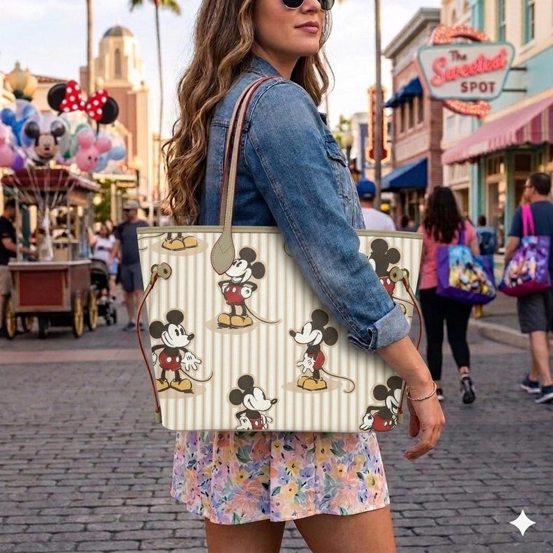 Op de afbeelding: Een beige draagtas met verticale strepen en Mickey Mouse-illustraties. De tas heeft bruine handvatten en een bijpassende riem. De achtergrond toont een straatbeeld met mensen en winkels.