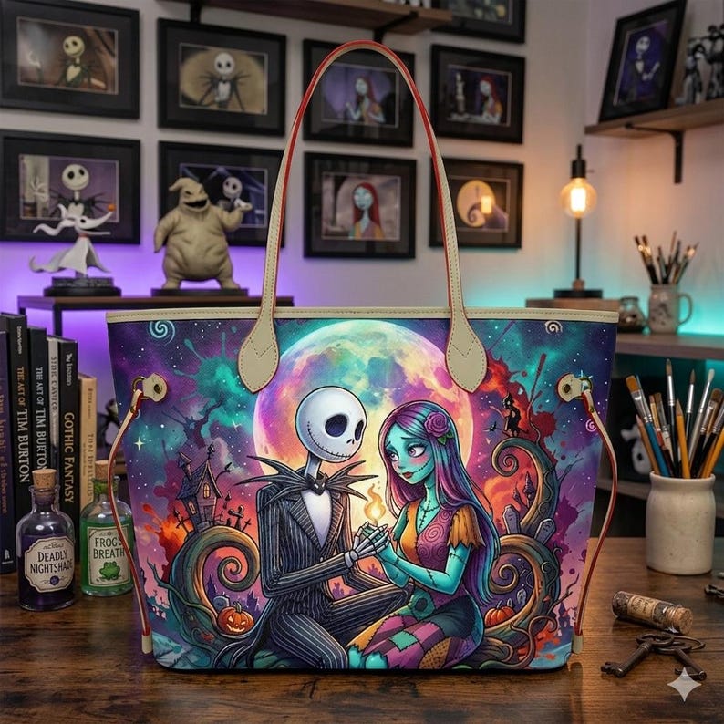 Puede incluir: Un bolso tote con una colorida ilustraci&oacute;n de Jack Skellington y Sally de Pesadilla antes de Navidad sentados juntos bajo una gran luna. El bolso tiene dos correas de cuero de color claro y un estampado gr&aacute;fico vibrante y detallado.