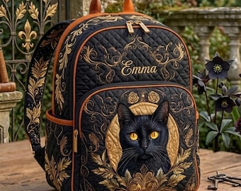 Personalisierte verzierte schwarze Katze gesteppter Rucksack, Stickerei-Rucksack, Schulanfang, Geschenk für Studenten und Familie.