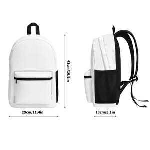 May include: A white backpack with black trim, a front zippered pocket, and adjustable shoulder straps. Dimensions are 16.9 inches high, 11.4 inches wide, and 5.1 inches deep, as indicated by the visible measurement labels on the image.