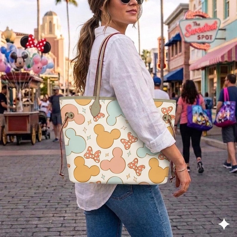 May include: A cream-colored tote bag featuring a repeating pattern of Mickey Mouse silhouettes and bows in pastel colors. The bag has brown handles and trim, and is being carried on a cobblestone street.