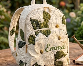 Personalized Magnolia Floral Quilted Backpack, Embroidery Backpack, Back To School, Gift Student And Family.