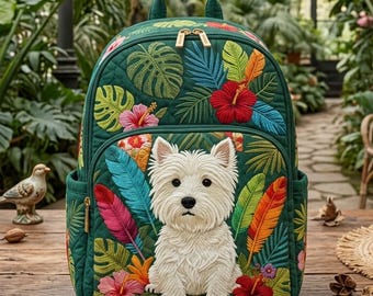 Funny Westie Tropical Quilted Backpack, Embroidery Backpack, Back To School, Gift Student And Family.