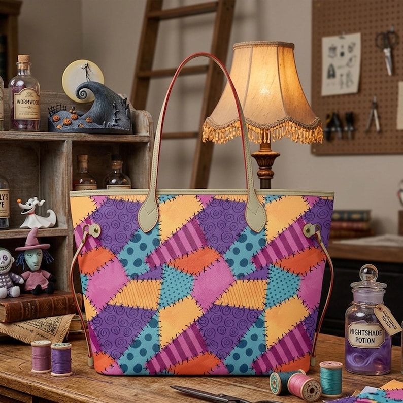 May include: A tote bag featuring a colourful patchwork design with purple, orange, pink, and teal sections. The pattern includes swirls, stripes, and polka dots. The bag has two thin, light-coloured shoulder straps attached with metal hardware.