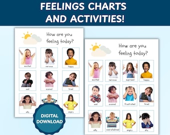 Könnte beinhalten: Zwei druckbare Diagramme mit dem Text "FEELINGS CHARTS AND ACTIVITIES!" und "How are you feeling today?" Jedes Diagramm zeigt Bilder von Kindern, die verschiedene Emotionen ausdrücken, darunter aufgeregt, nervös, glücklich, traurig, ängstlich und müde. Ein digitales Download-Abzeichen ist enthalten.