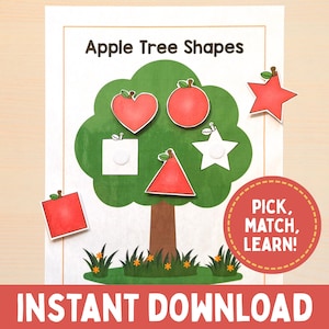 May include: An educational activity sheet titled Apple Tree Shapes featuring a green tree illustration. It includes red apple-shaped cutouts in heart, circle, square, triangle, and star forms. A red circular badge reads PICK, MATCH, LEARN! and the bottom text says INSTANT DOWNLOAD.