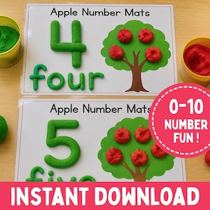 May include: Two educational Apple Number Mats featuring the numbers 4 and 5, with green modeling clay shaped into numbers and words. Includes a container of green clay, a container of red clay, and a pink circular graphic with 0-10 NUMBER FUN! text.
