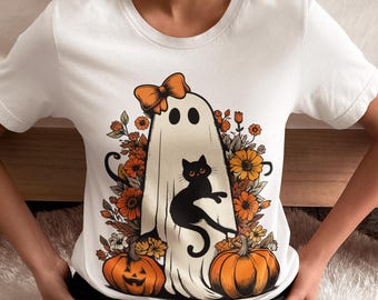 Retro Halloween Ghost Cat Shirt, Floral Costume Tee
