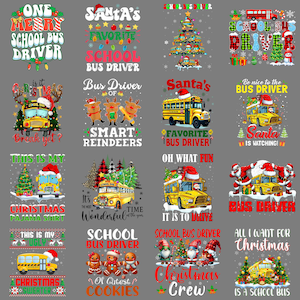 Könnte beinhalten: Eine Sammlung von Designs zum Thema Weihnachten mit Schulbussen, Weihnachtsmützen und festlichem Text. Designs beinhalten Sätze wie "School Bus Driver", "Christmas Pajama Shirt" und "Santa's Favorite Bus Driver."