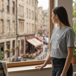 Heather Gray Cropped T-Shirt | Minimalist Wave Embroidery, Coastal Style