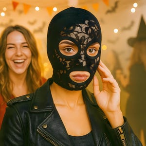 May include: A black balaclava featuring an intricate floral lace overlay pattern that covers the forehead and sides, with circular cutouts for the eyes and mouth, worn with a black leather jacket that has silver-toned metal snap buttons and a zipper.