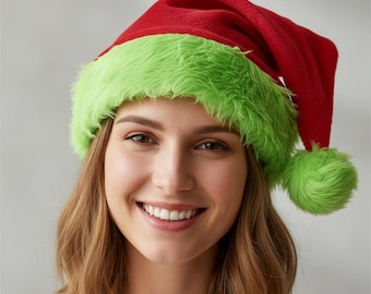 ROSAUI Bonnet De Noël Style Grinch – Velours Rouge Et Fausse Fourrure Vert Fluo – Taille Adulte 55-60 Cm – Idée Cadeau Festive
