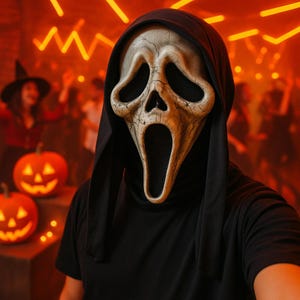 Könnte beinhalten: Eine Scream-Maske mit einem rissigen, cremefarbenen Gesicht und einer schwarzen Kapuze. Die Maske hat große Augenhöhlen und einen weit geöffneten Mund. Der Hintergrund zeigt orangefarbene Beleuchtung und geschnitzte Kürbisse, was auf ein Halloween-Thema hindeutet.