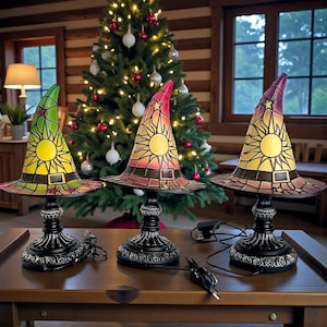 Stained Glass Witch Hat Lamp, Gothic Halloween Table Light, USB Powered