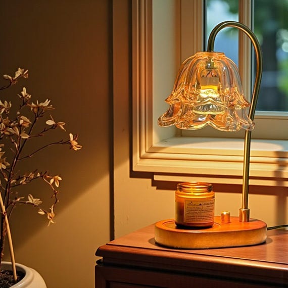 Lily of the Valley Candle Warmer Lamp, Vintage Amber Glass Flower Wax Melter, Retro Floral Desk Light, Aesthetic Home Decor Gift for Her