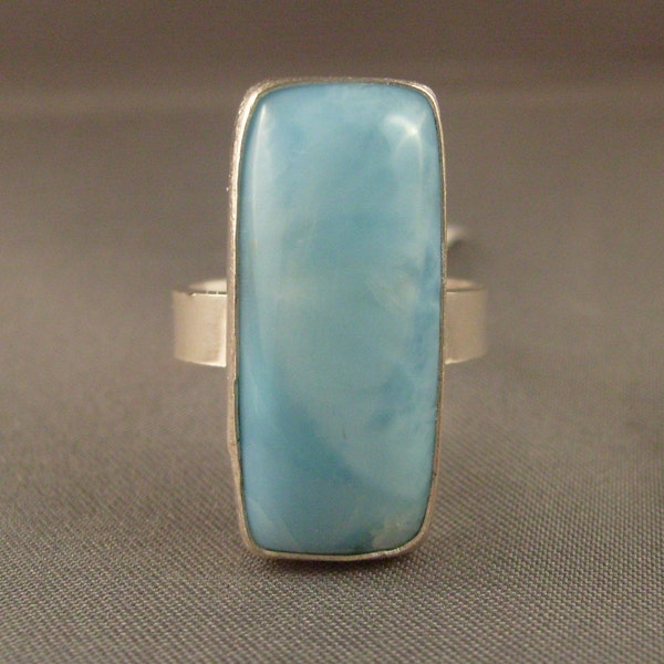 Rectangular Larimar Ring in Shiny Sterling Silver size 6 Ready to Ship