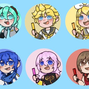 May include: Six cartoon character stickers on a light blue background. Each character is in a circular frame and holding a colorful glow stick. The characters have different hair colors and outfits, with happy expressions.