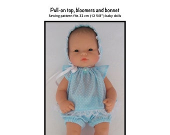 PDF Schnittmuster, Schnittmuster, Pumphose, Pumphose und Mütze für 32 cm grosse Babypuppen, wie z.B. Miniland