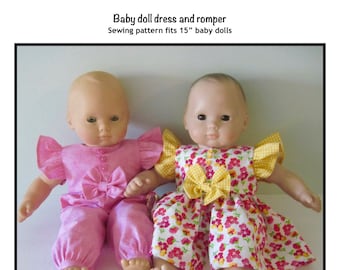 Patrón de vestido y mameluco para muñecas bebé en formato PDF que se adapta a muñecas de 15", como Bitty Baby