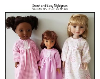 PDF Sweet and Easy Nightgown sewing pattern fits 15", 14 1/2" and 12" dolls, such as Fashion Friends, Wellie Wishers, and Siblies