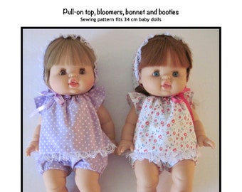 PDF Pull on top, bloomers, bonnet and booties sewing pattern fits 34 cm baby dolls, such as Minikane