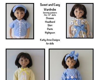 PDF Sweet and Easy Wardrobe pattern fits 13" dolls, such as Little Darlings and Les Cheries