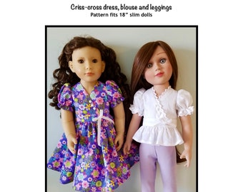 PDF Criss-cross dress, blouse and leggings sewing pattern fits 18" SLIM dolls, such as Carpatina and Kidz 'n' Cats