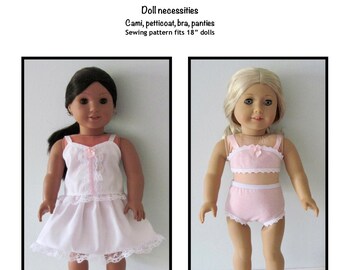 Doll necessities PDF sewing pattern fits 18&quot; dolls, such as AG - Cami, Petticoat, Bra, Panties
