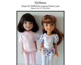 May include: A doll clothing pattern for 12-inch slim dolls. The pattern includes instructions for making a classic tee, ruffled tee, leggings, panties, and a cami. The image shows two dolls wearing the clothing items.