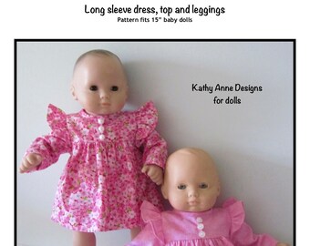 Patrón de costura de vestido, top y leggings de manga larga en PDF para muñecas bebé de 15", como Bitty Baby