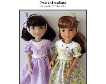 May include: Two dolls wearing dresses and headbands. The doll on the left is wearing a lavender dress with white polka dots and a white collar. The doll on the right is wearing a green and yellow floral dress with a white collar. Both dolls are wearing pink shoes. The text "Dress and headband" and "Pattern fits 12" slim dolls" is visible at the top of the image. The text "Kathy Anne Designs for dolls" is visible at the bottom of the image.