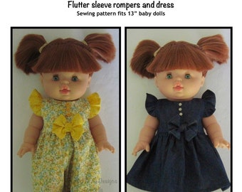 PDF Baby doll flutter sleeve rompers and dress sewing pattern fits 13" dolls, such as Minikane