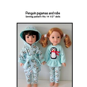 May include: Sewing pattern for 14 1/2 inch dolls to make penguin pajamas and a robe. The pattern includes a blue robe with a snowman print and a blue pajama set with a penguin applique.