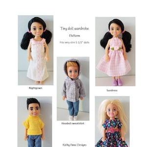 以下が含まれることがあります： 5.5インチのドール用の、5種類のドール服のパターンセット。パターンには、ナイトガウン、サマードレス、フード付きスウェットシャツ、Tシャツとパンツ、半袖ドレスが含まれています。
