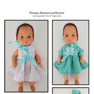 May include: A sewing pattern for making dresses, bloomers, and bonnets for 8-inch baby dolls. The pattern includes two different dress designs, one with a floral print and the other with a heart print. The pattern also includes a bonnet and bloomers.
