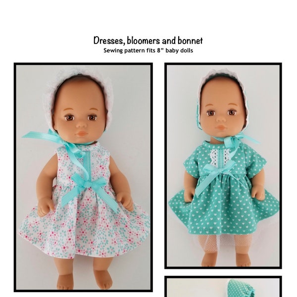 PDF Dresses, bloomers and bonnet sewing pattern fits 8" dolls, such as Little Bitty Baby