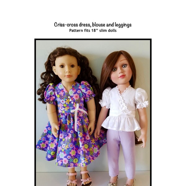 PDF Criss-cross dress, blouse and leggings sewing pattern fits 18" SLIM dolls, such as Carpatina and Kidz 'n' Cats