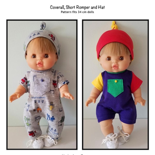 PDF Coverall, Short Romper and Hat pattern fits 34 cm dolls, such as Minikane