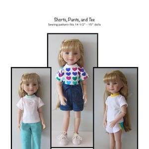 May include: Three dolls wearing different outfits: a white tee shirt with teal pants, a white tee shirt with denim shorts, and a white tee shirt with white shorts. The dolls have blonde hair and are wearing white sneakers. The image includes the text "Shorts, Pants, and Tee" and "Sewing pattern fits 14 1/2" - 15" dolls".