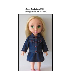 Könnte beinhalten: Eine Puppe trägt eine blaue Jeansjacke und einen Rock. Die Puppe hat blonde Haare und grüne Augen. Der Text "Jean Jacket and Skirt Sewing pattern fits 16" dolls" befindet sich über der Puppe. Der Text "Kathy Anne Designs for dolls" befindet sich unter der Puppe.