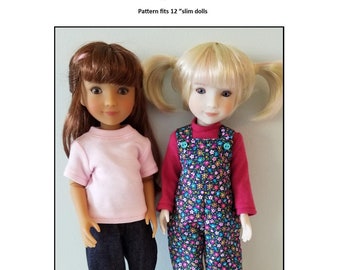 May include: Two 12-inch dolls wearing different outfits. One doll is wearing a pink t-shirt, blue jeans, and pink shoes. The other doll is wearing a red long-sleeved shirt, floral overalls, and black shoes. The text "Overalls, jeans and tees" and "Pattern fits 12" slim dolls" is at the top of the image. The text "Kathy Anne Designs for dolls" is at the bottom of the image.