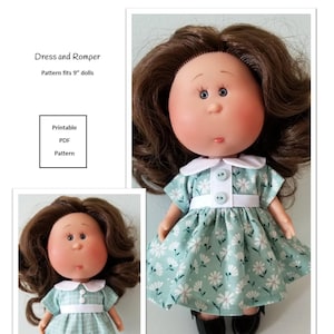 May include: Printable PDF pattern for a dress and romper for 9-inch dolls. The pattern is shown on a doll wearing a green and white floral dress and a green and white gingham romper.