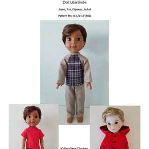 May include: A doll wardrobe pattern for 14 1/2 to 15 inch dolls. The pattern includes instructions for making jeans, a tee shirt, pajamas, and a jacket. The pattern is illustrated with photos of dolls wearing the finished garments.