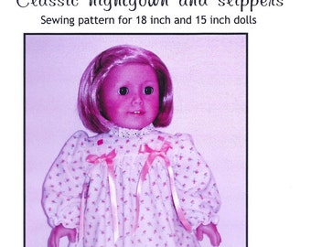 Classic nightgown and slippers PDF sewing pattern for 18&quot; and 15&quot; dolls