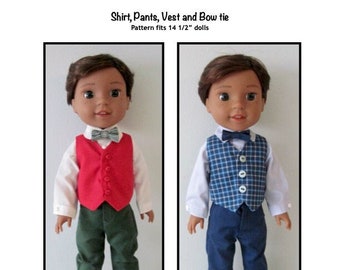 PDF Shirt, vest,  pants, and bow tie sewing pattern fits 14 1/2" slim dolls, such as Wellie Wishers